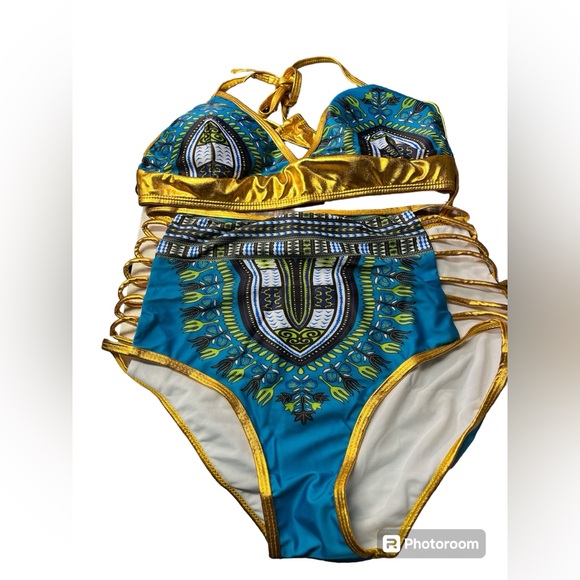 5for$10 Teal Blue And Gold High Waisted Bikini Swimsuit Aztec Extra Large NWOT - Picture 2 of 5